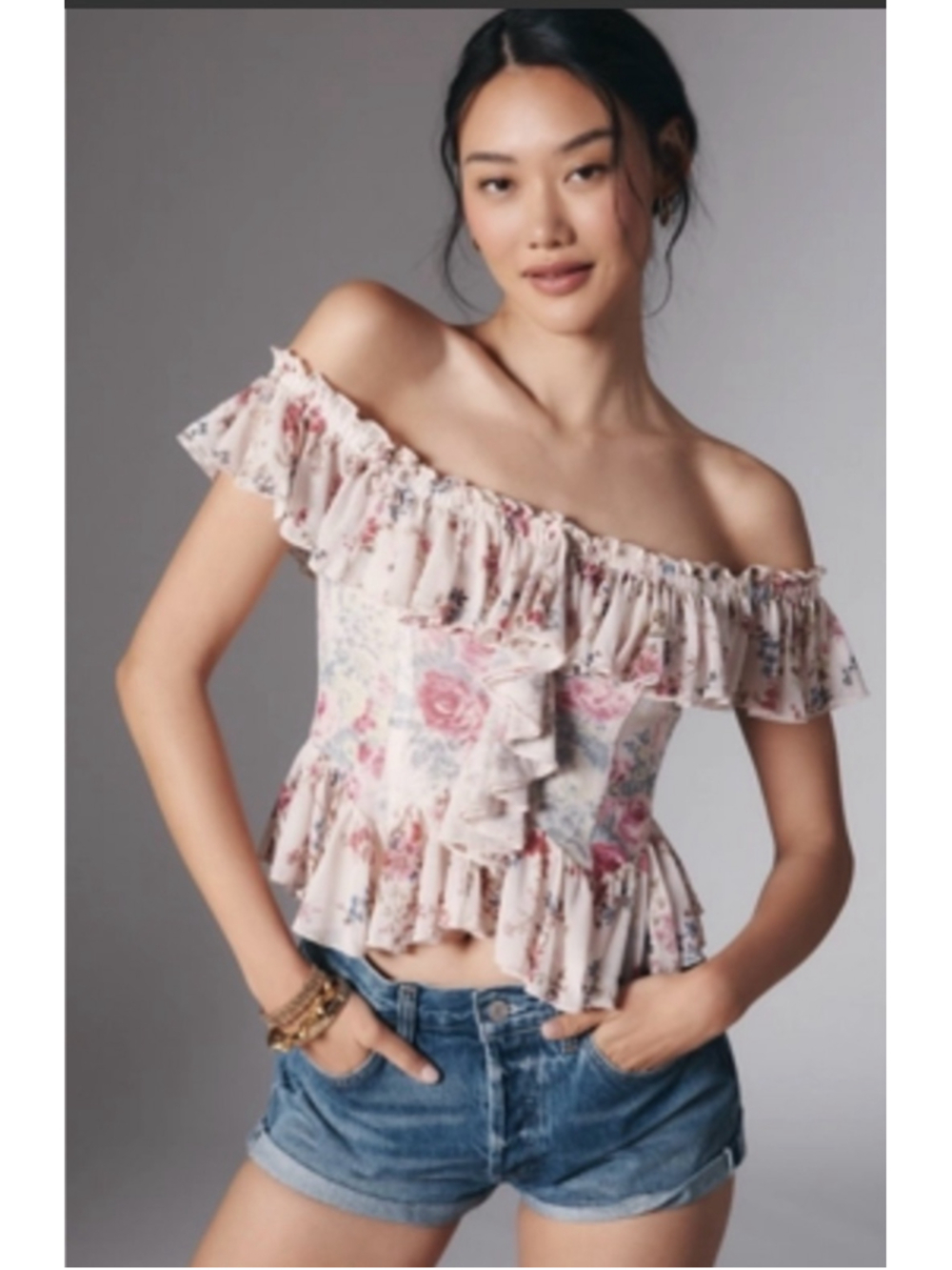 Anthropologie Off-The-Shoulder Floral Print Mesh Top|Small|NWT|